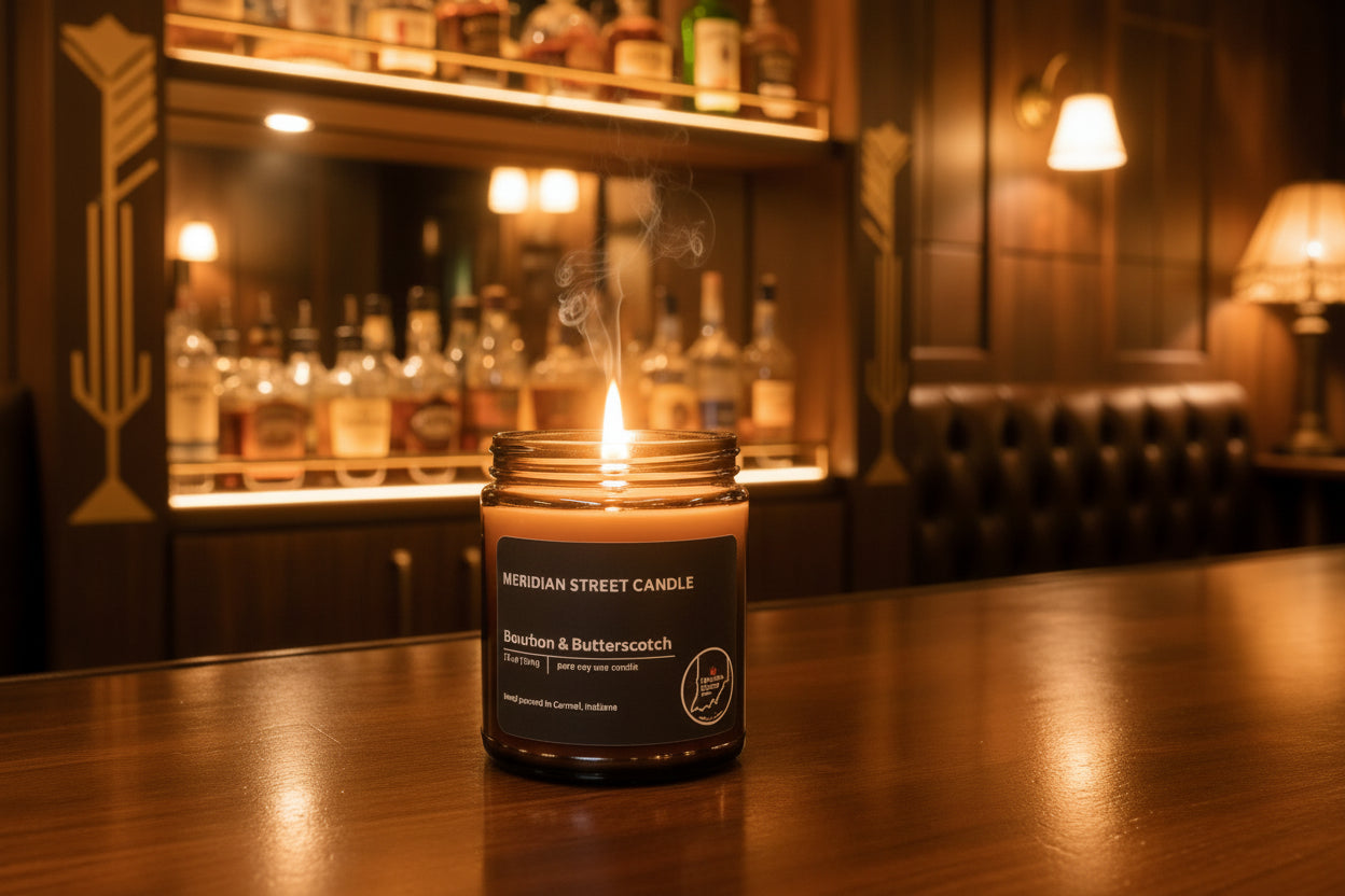 Black candle jar with 'Meridian Street Candle' label on a gray background