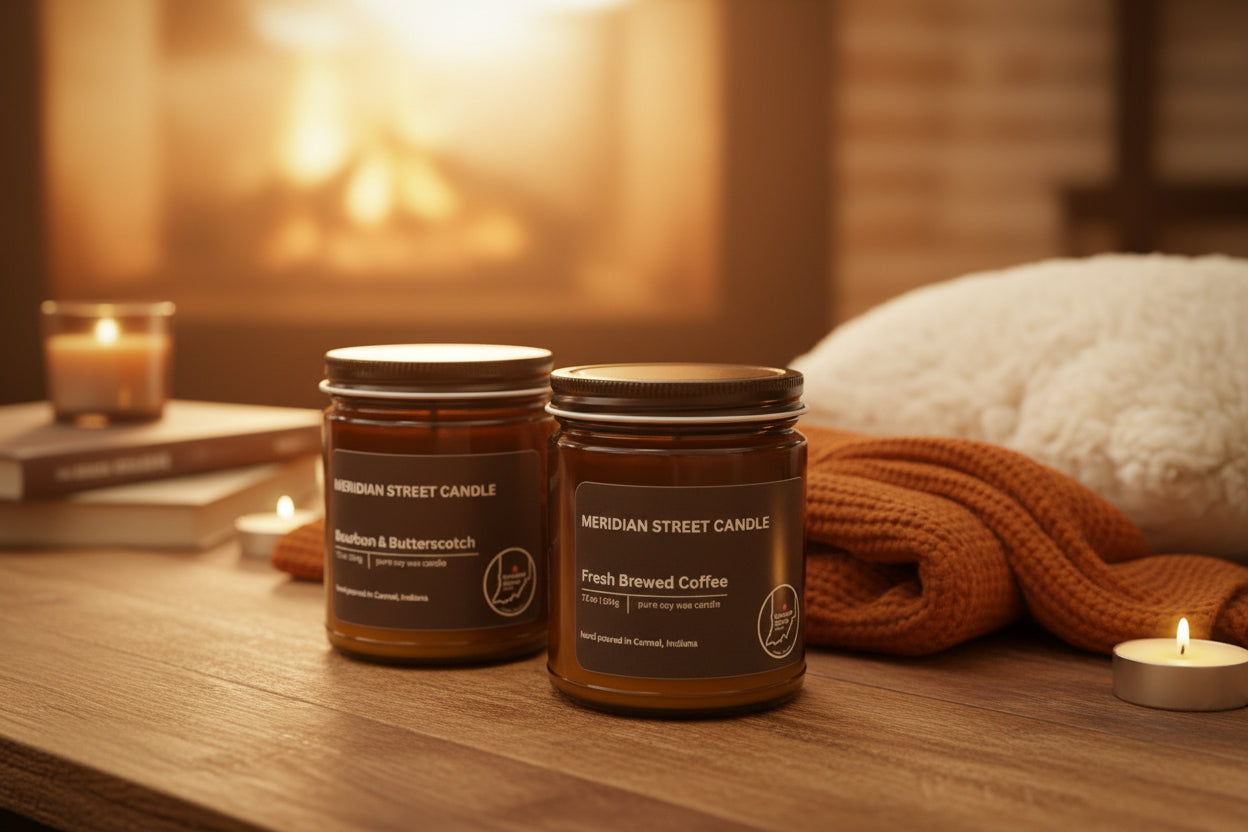 Two jars of Meridian Street Candles on a wooden surface with candles and a blanket in the background.