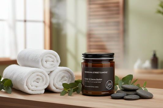 Candle jar labeled 'Meridian Street Candle' with 'Cedar & Cocoa Butter' scent on a gray background
