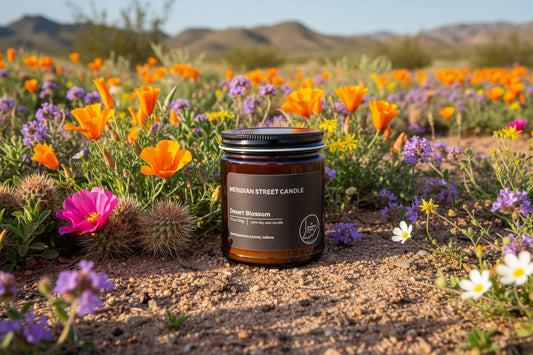 Black candle jar with 'Meridian Street Candle' label on a gray background