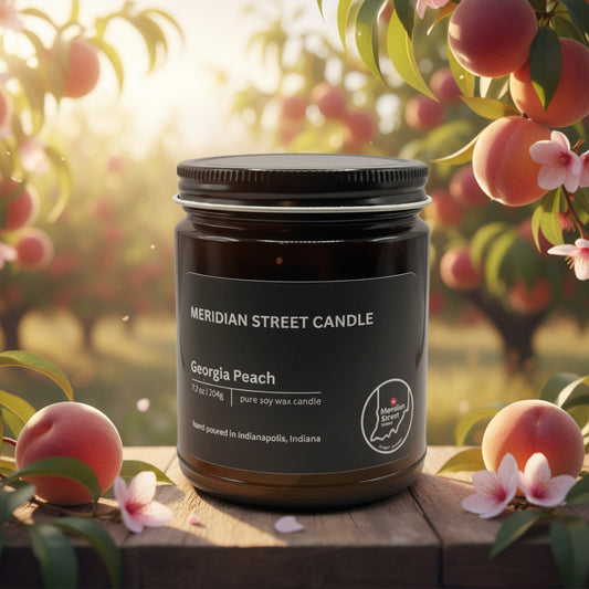Dark candle jar with label titled Georgia Peach