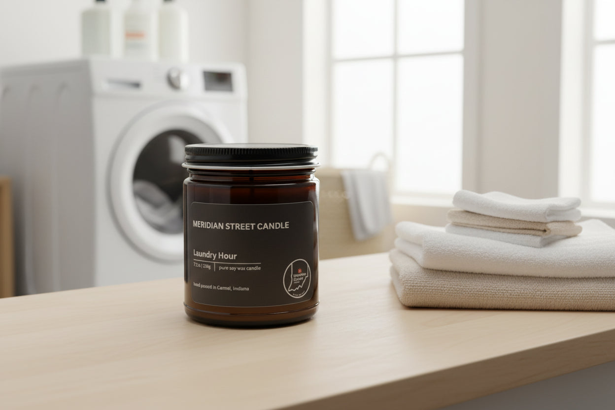Meridian Street Candle jar labeled 'Laundry Hour' on a light gray background