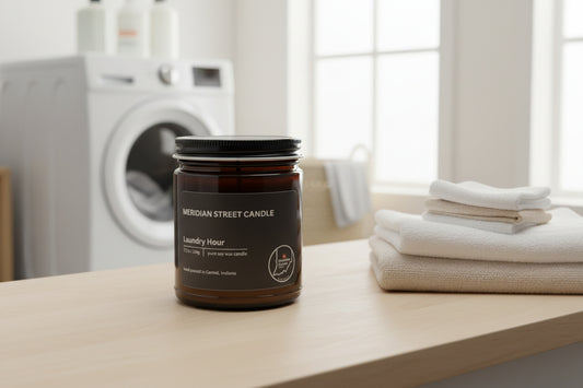 Meridian Street Candle jar labeled 'Laundry Hour' on a light gray background