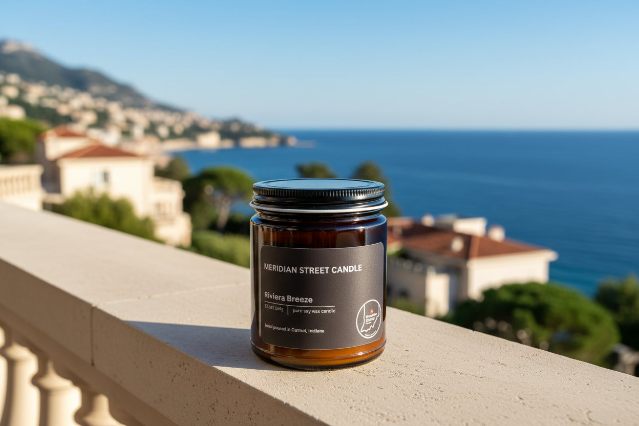 Meridian Street Candle jar labeled 'Riviera Breeze' on a gray background